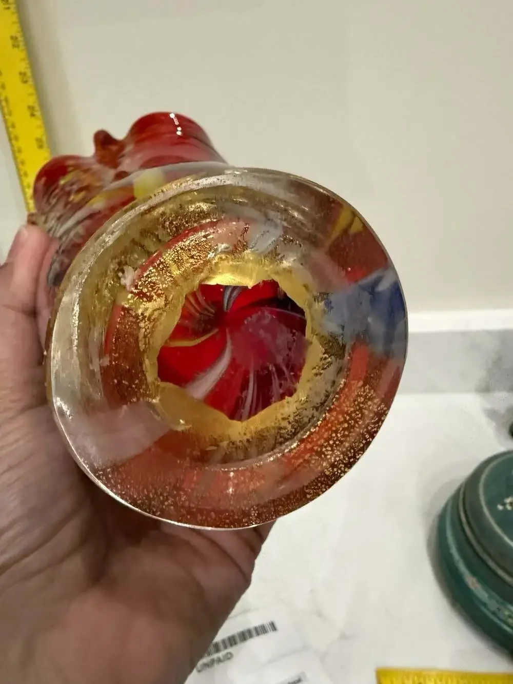 Vintage Murano Red Glass Millefiori Vase with Gold Gilt Base